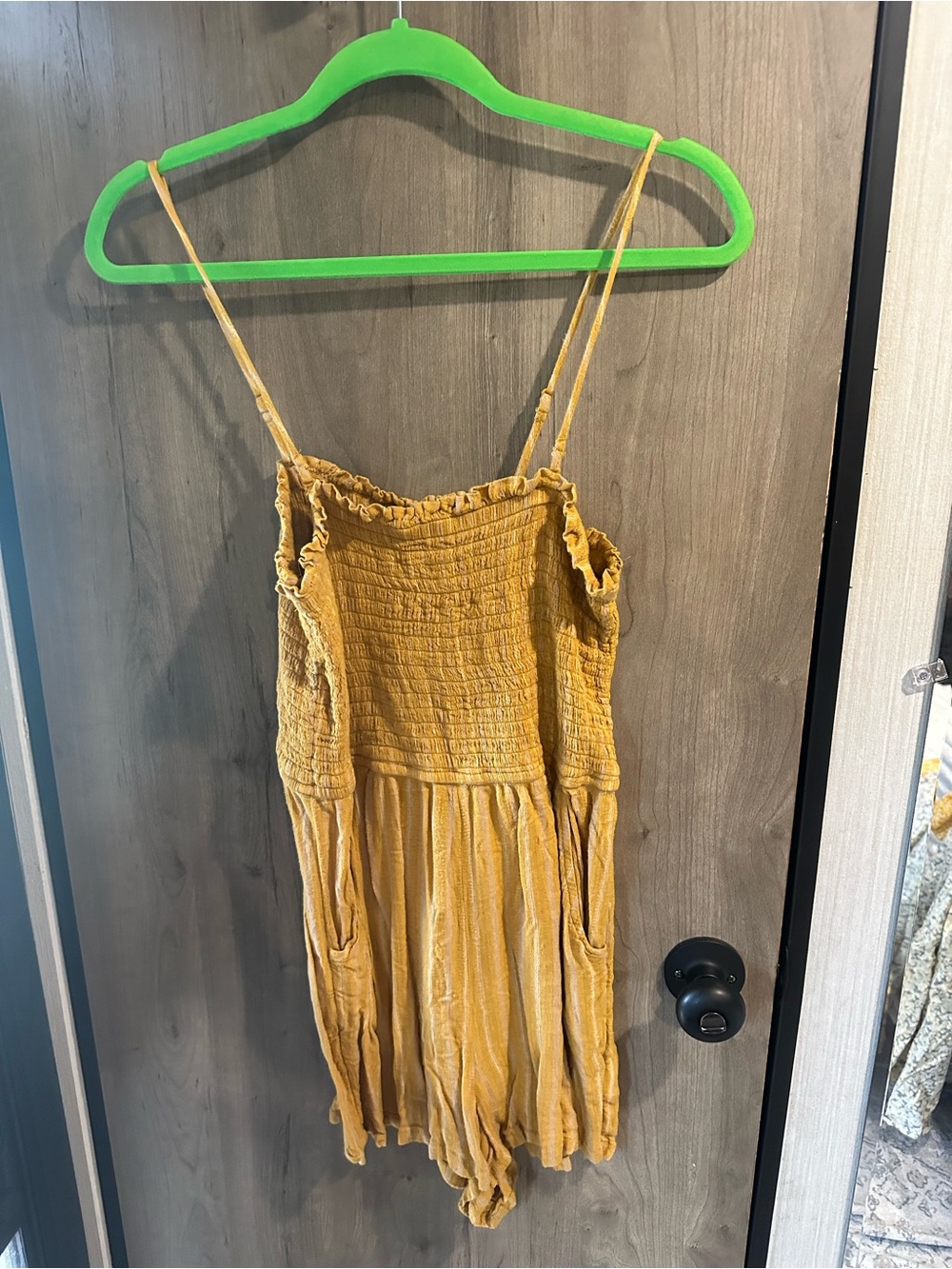 American Eagle Mustard Smocked Romper Size M Boho Strappy Pocket
